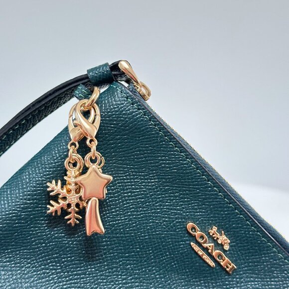 Coach Corner Zipper Leather Wristlet Forest Green with Charms - Picture 3 of 3